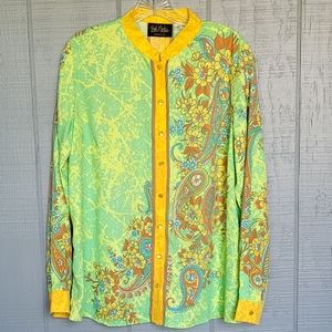 Bob Mackie Paisley Floral Boho Dopamine Button-Down Long-Sleeve Shirt. Size M
